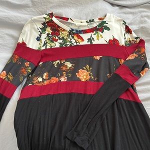 Red, black, and white floral midi dress, long sleeve with pockets, size L